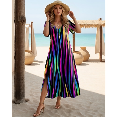 Damen Maxikleid A Linie Kleid Lässig Täglich Normale Passform Geometrisch Kurzarm V Ausschnitt Schwarz Weiß Orange Grün Sommer Frühling Image