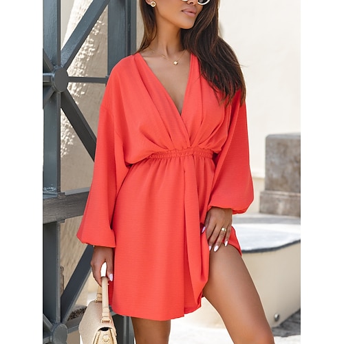 Damen Minikleid Weißes Kleid Freizeitkleid Mode Modern Outdoor Strand Urlaub Normale Passform Einfach Kurzarm V Ausschnitt Schwarz Orange Khaki Rosenrot Sommer Frühling Herbst Image