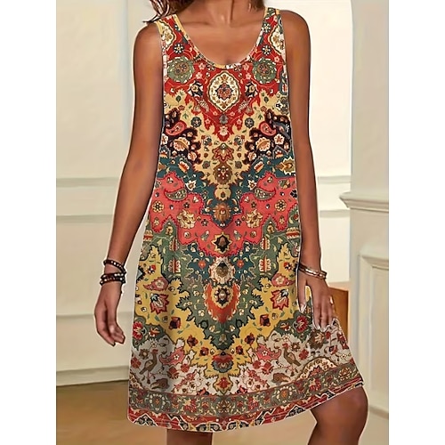 Damen Minikleid Sommerkleid A Linie Kleid Urlaub Lässig Boho Strand Party Hochzeit Lässiger Schnitt Grafik Blatt Abstrakt Ärmellos U-Ausschnitt Blau Violett Orange Grün Sommer Frühling Image