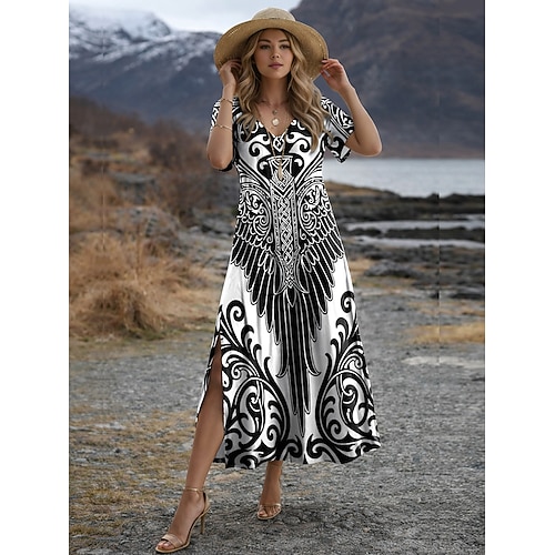 Damen Maxi Kleid Boho Wikinger T-Shirt Kleid Tee Kleid Sonnenkleid Shift Kleid Sommerkleid Urlaub Lässig Strand Party Feiertag Reguläre Passform Ethnisch Kurzärmel V-Ausschnitt Schwarz Sommer Frühling Image
