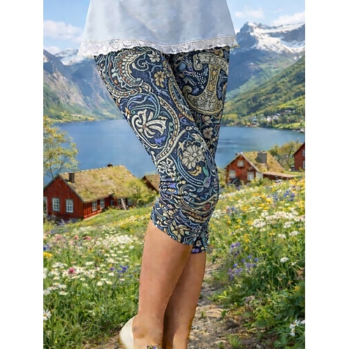 Damen Leggings Urlaub Vintage Basic Capris Hohe Taille Blumen Grafik Komfort Weich Bequem Dehnbar Täglich Outdoor Urlaub Blau Sommer Frühling Herbst Schmale Passform Image