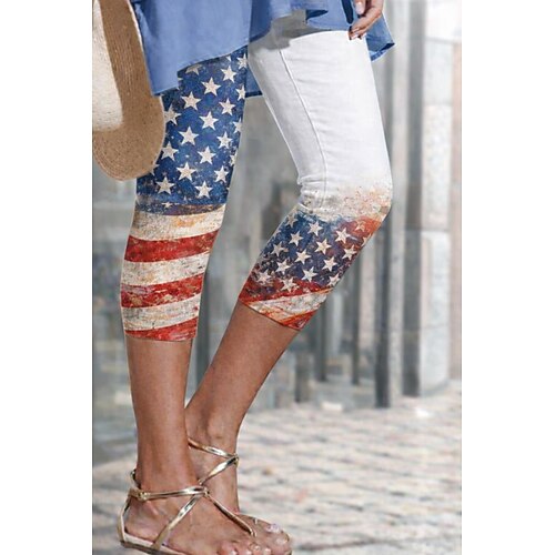 Damen-Chinos mit Leggings zum amerikanischen Unabhängigkeitstag, Urlaubsmode, Streetwear, knielang, hoher Bund, amerikanische Flagge, bequem, weich, dehnbar, für Alltag, Outdoor, Urlaub, blau, rot, Sommer, Frühling Image