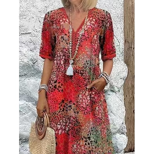 Damen Knielanges Kleid Freizeitkleid Blumenkleid Elegant Mode Modern Outdoor Urlaub Ausgehen Normale Passform Blumen Leopard Kurzarm V Ausschnitt Blau Rosa Purpur Braun Sommer Frühling Image