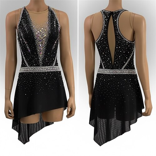 Eiskunstlaufkleid Damen Eislaufen Kleid Schwarz Patchwork Offener Rücken Hohe Elastizität Training Wettbewerb Eiskunstlaufkleidung Klassisch Kristall / Strass Ärmellos Eislaufen Eiskundstlauf Image