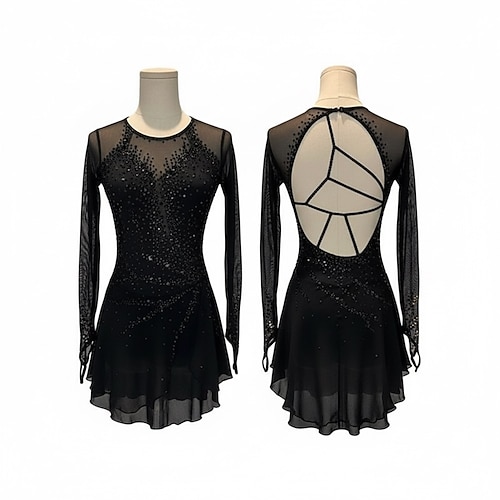 Eiskunstlauf Fleecejacke Eiskunstlaufkleid Damen Eislaufen Kleid Schwarz Patchwork Daumenloch Dehnbar Training Wettbewerb Eiskunstlaufkleidung Klassisch Kristall / Strass Langarm Eislaufen Image
