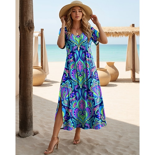 Damen Midikleid Sommerkleid A Linie Kleid Urlaub Lässig Boho Schmetterling Strand Normale Passform Grafik Stammes Kurzarm Rundhalsausschnitt Blau Hellblau Schwarzes Gold Schwarz Sommer Frühling Image