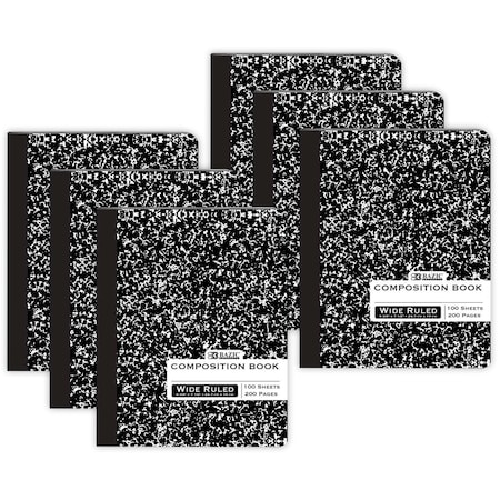 BAZIC PRODUCTS 508 Composition Book, Wide Ruled, Black Marble, 100 Sheets, 6PK