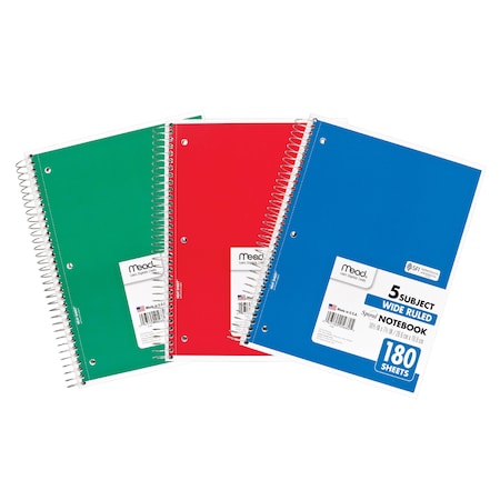 MEAD MEA05680 Spiral 5 Subject Notebook, Wide Ruled, 180 Sheets Per Book, PK3