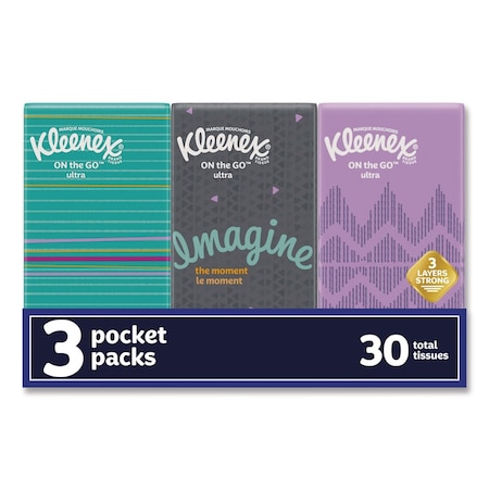 KLEENEX 11976 On The Go Packs 3 Ply Facial Tissues, 10 Sheets, 36 PK