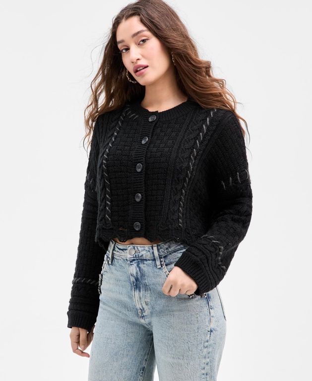 Kaori Mixed-knit Cardigan - Black - Guess Knitwear