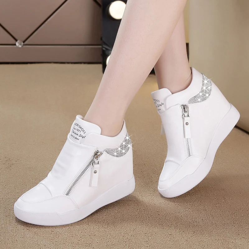 Comemore Frauen Keil High Top Sneakers Reiß verschluss Pu Leder Freizeit schuhe Pailletten dicken Boden weiß intern erhöhen plus Größe 42