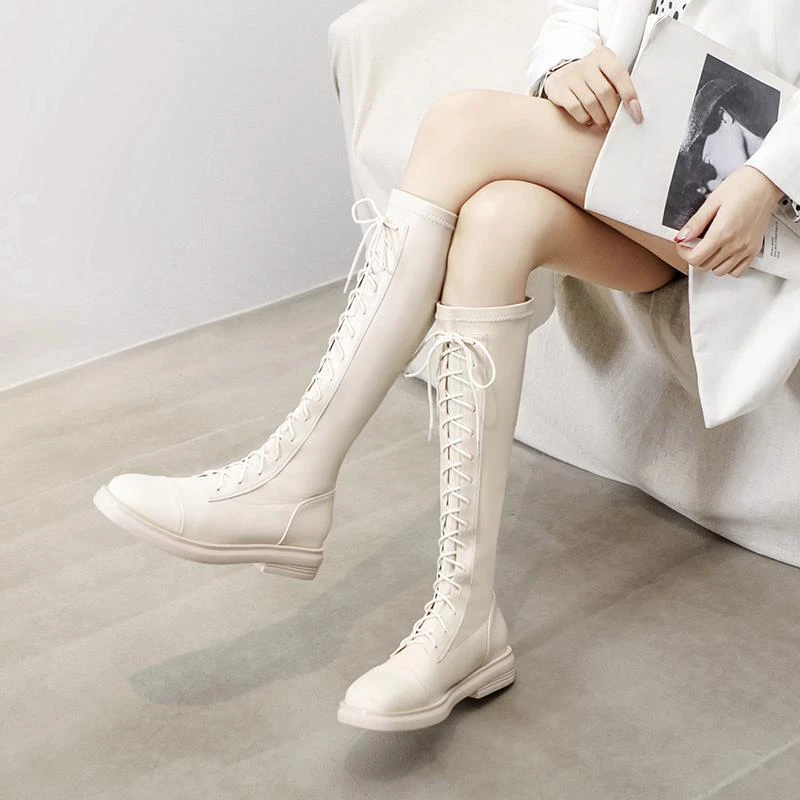 Schuhe für Frauen Schuhe Winter Knie High Shaft Damen stiefel Schnürung mit Schnürsenkeln elegante Low Heels weiß langes Leder heißer Verkauf