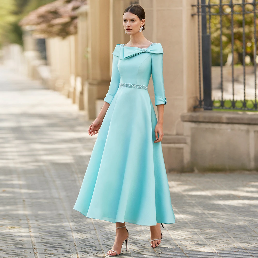 Elegante Kleider für die Brautmutter, O-Ausschnitt, individuell gestaltet, 3/4-Ärmel, Hochzeits-Party-Kleider, Perlen, Schleife, A-Linie, Robe De Soirée Femme