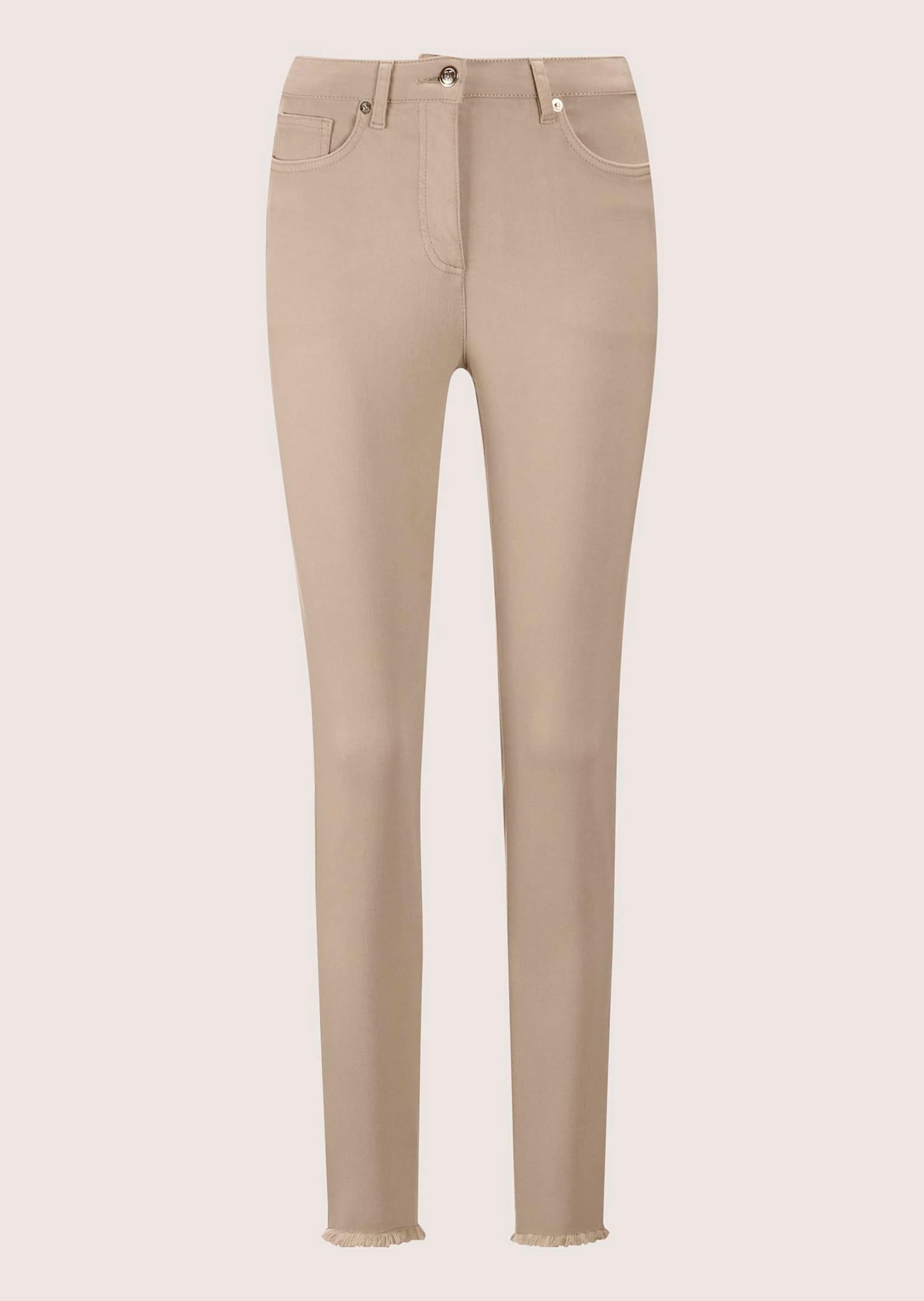 Regular-fit-Jeans MADELEINE "Jeans Mid Waist Skinny-Hose mit Fransen", Damen, Gr. 18, K-Gr, beige (berber), Obermaterial: 92% Baumwolle CO. 6% Polyester PES. 2% Elasthan EL., Jeans