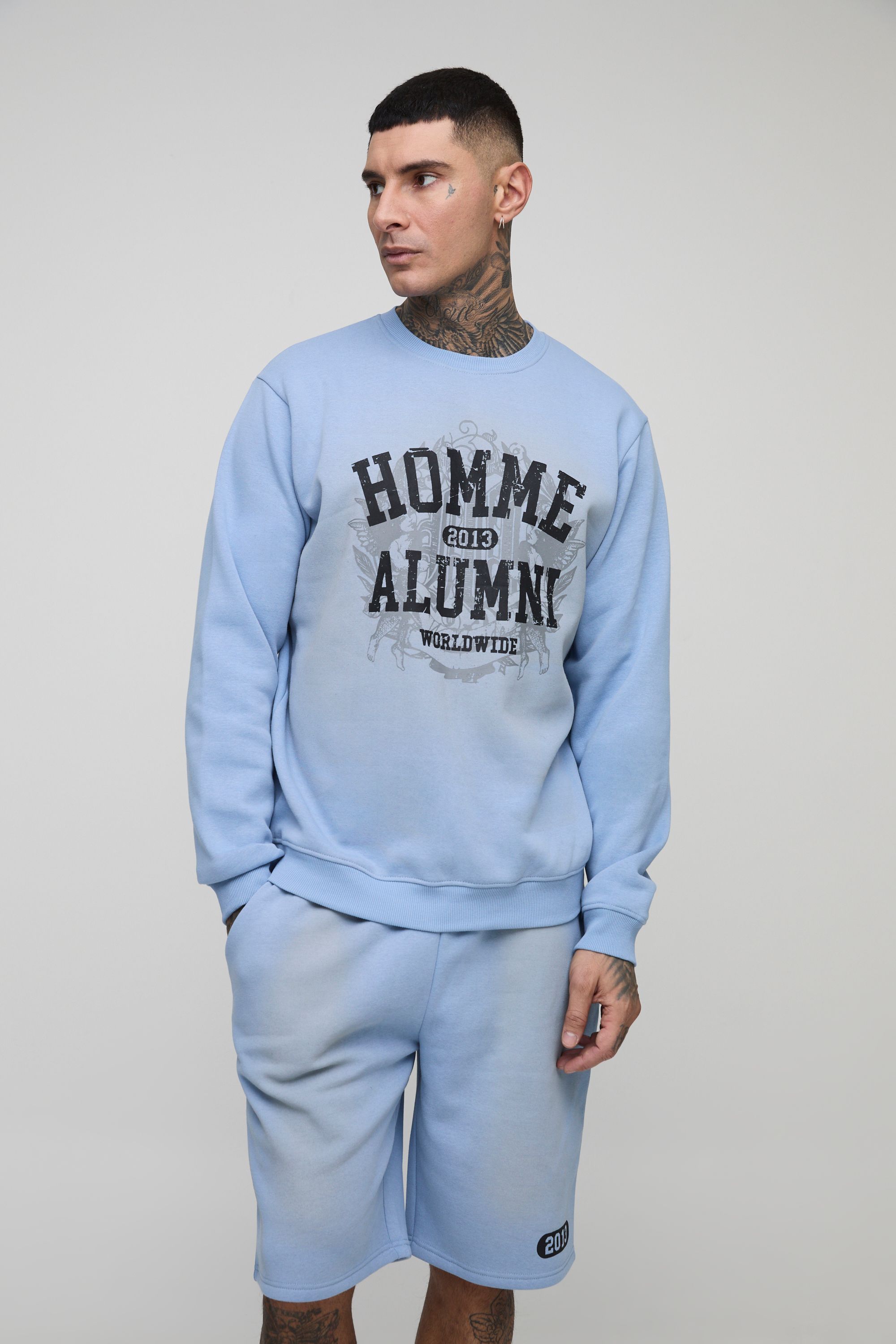 Boohooman Mens Tall Homme Spray Wash Sweatshirt Regular Fit & Jersey Short Set - Light Blue Cotton - Size Small