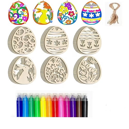 Kit fai da te di 30 decorazioni pasquali in legno per bambini, uova di legno non finite, coniglietti, fiori, forme da appendere con 12 pennarelli, lavoretti pasquali per attività in classe, bomboniere, riempitivi per cestini