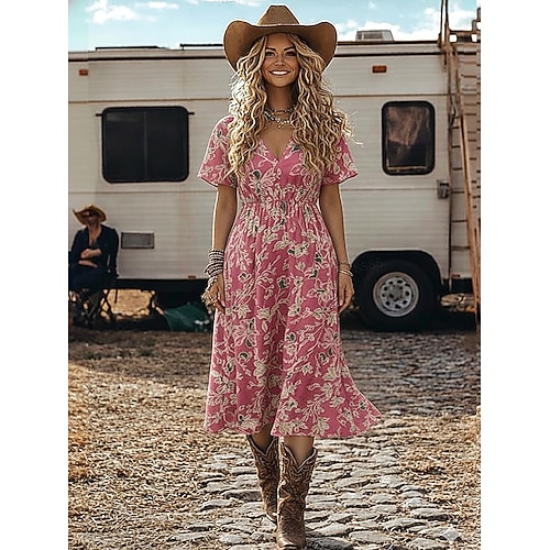 Abito Midi da Donna Boho Abito da Spiaggia Abito Casual Abito Etnico Abito in Chiffon Elegante Bohemia Vacanza Vestibilità Regolare Floreale Manica Corta V Collo Beige Estate Primavera