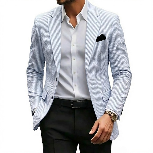 Per uomo Giacca blazer Colletto ad incastro Moda Leggero Classico A righe Blazer Abiti in seersucker Blazer in seersucker Rosa Azzurro cielo Vestibilità su misura Monopetto Due Bottoni