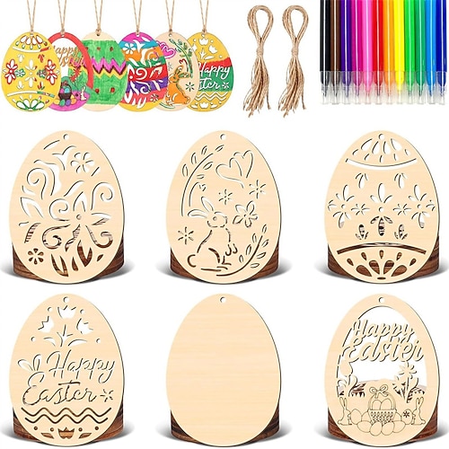 Kit fai da te di 30 decorazioni pasquali in legno per bambini, uova di legno non finite, coniglietti, fiori, forme da appendere con 12 pennarelli, lavoretti pasquali per attività in classe, bomboniere, riempitivi per cestini
