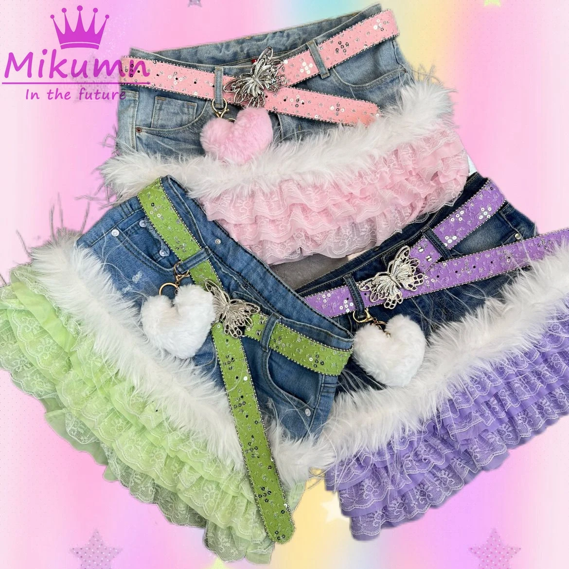 Mikumn Japanischer Y2K Ästhetik Vintage Niedriger Bund Spitze Patchwork Jeansrock Harajuku Mädchen Kawaii Rosa Lila Grün Tortenröcke