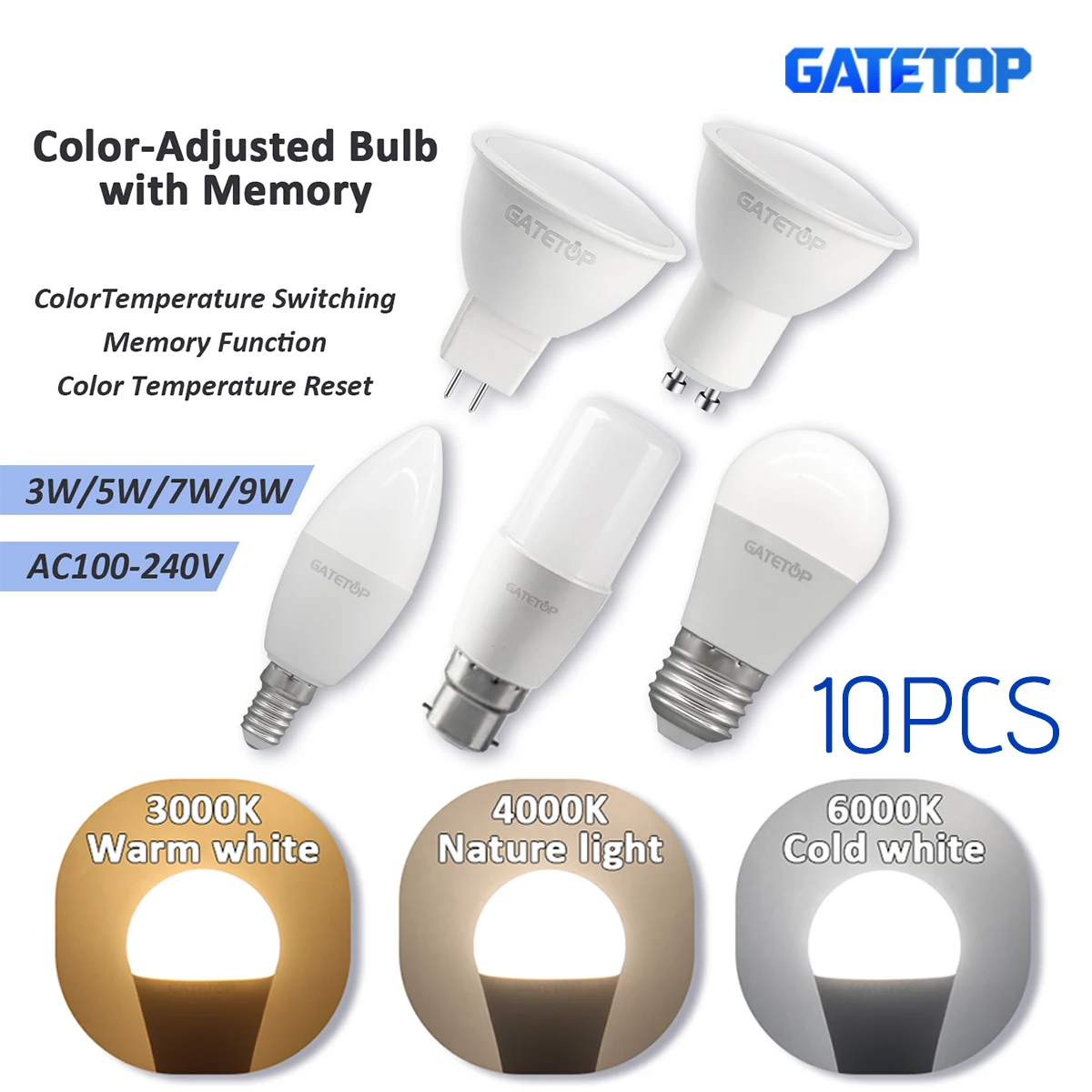 10er-Pack GU10 MR16 LED Dreifarbige Dimmbare Glühbirnen E27 3W/ 5W 7W 9W CCT Speicher-Reset Ersatz für Halogenlampen für Innenbeleuchtung Downlights