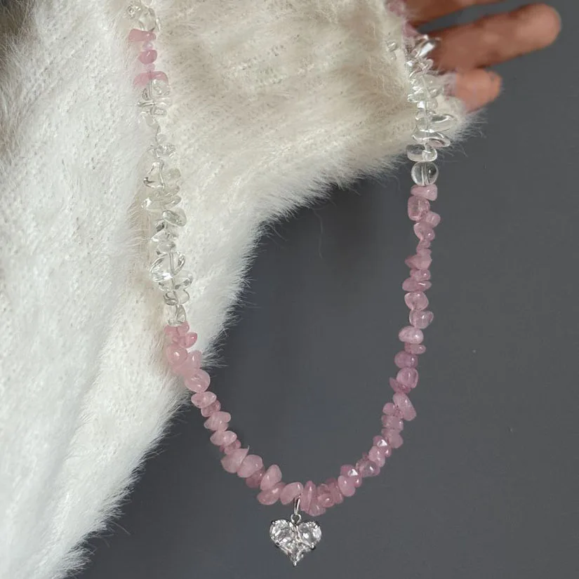 Neue unregelmäßige Halskette mit Vintage-Zirkon-Herz-Anhänger für Frauen, weiblich, rosa und weiße Steinkette, Valentinstagsgeschenk N0548 Image