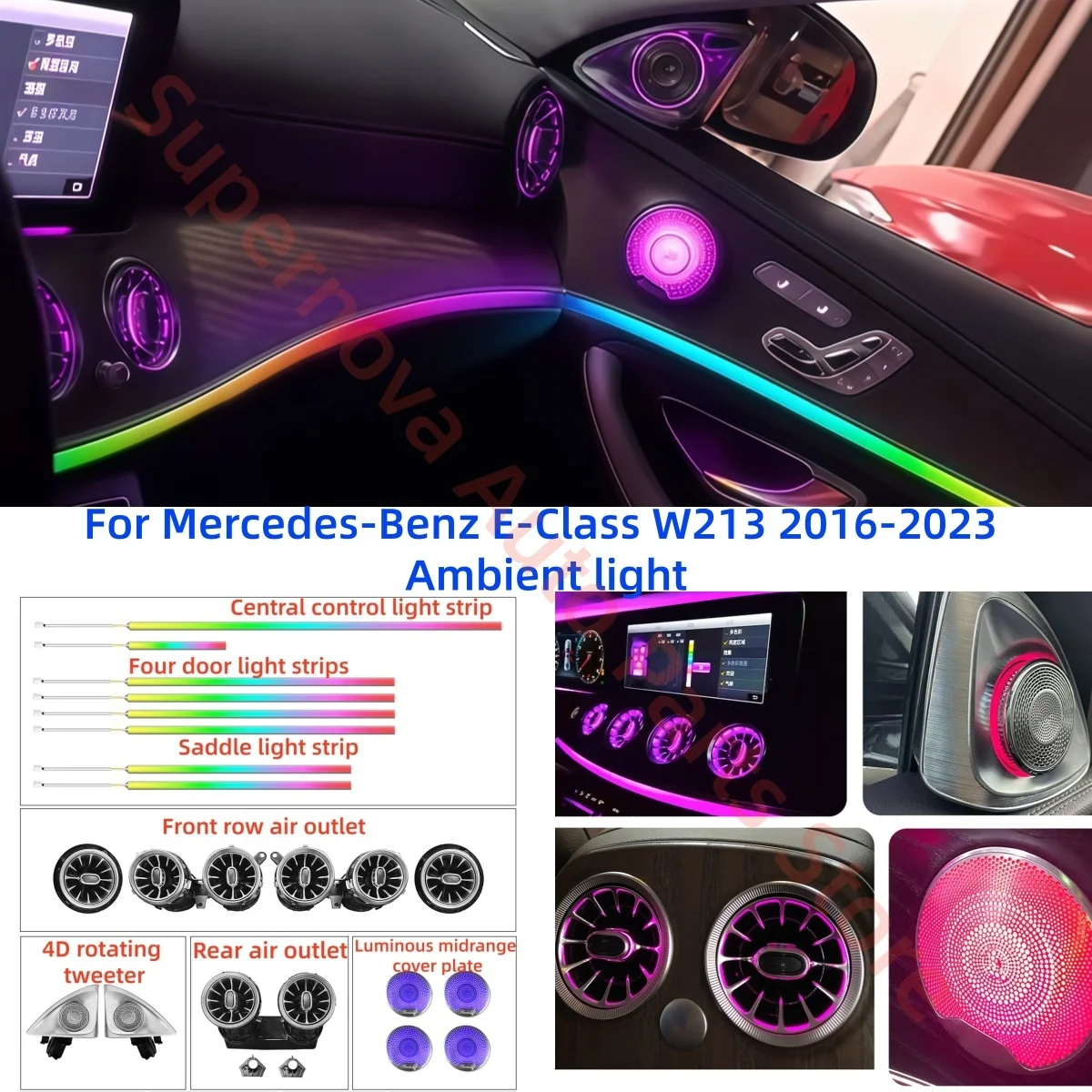 Umgebungslicht für Mercedes-Benz E-Klasse W213 2016–2023, Zierleiste, Auto-Innenbeleuchtung, Upgrade, Autoteile, Bildschirm und APP-Steuerung Image