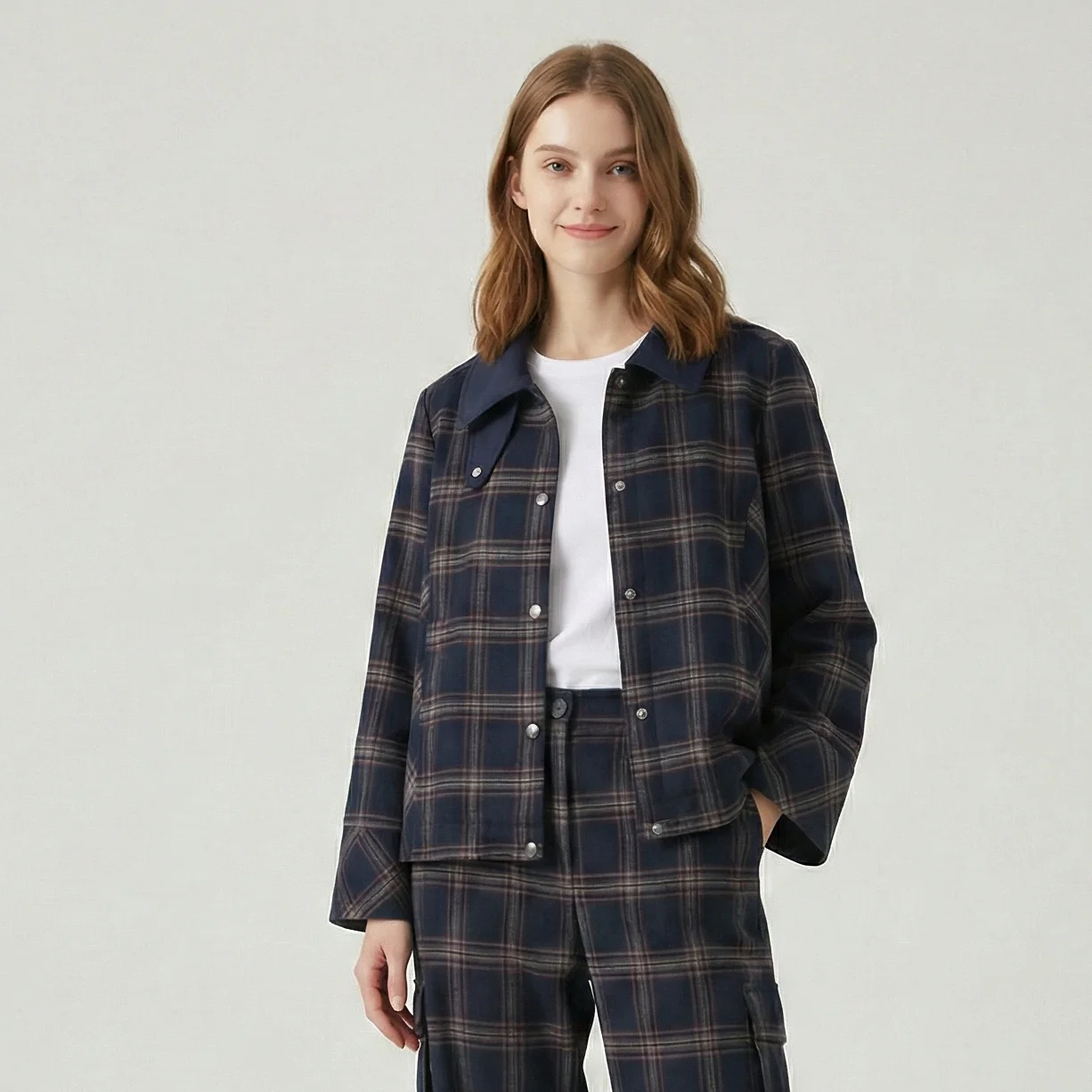 Damen Karo-Jacke mit Kapuze Frühling Herbst Umlegekragen Knopfleiste Damenjacken Vintage Damenmäntel Damen-Oberbekleidung Image