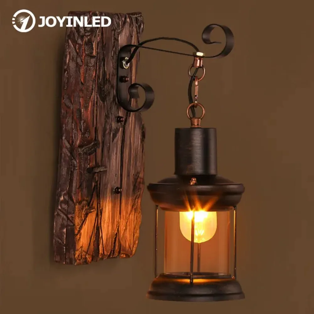 JOYINLED Outdoor Antike Loft Wandleuchte Holz Glas Restaurant Café Bar Wandlampen Vintage Industrie Retro Wandleuchte für Schlafzimmer
