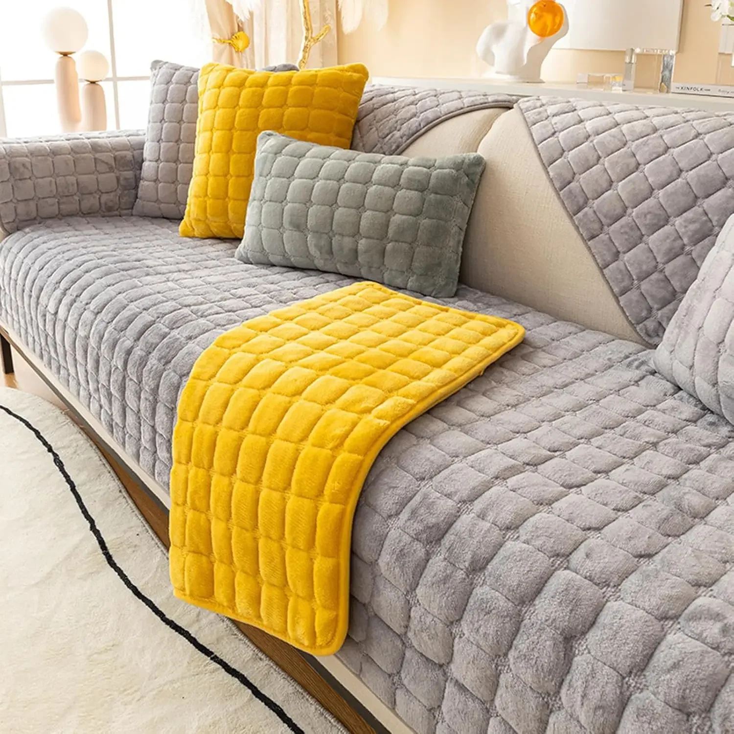 Flanell-gesteppte Sofabezüge, dicker Plüsch-Sofabezug, Sofakissen, Handtuch für Wohnzimmer, Möbelschutz für die Ecke, L-Form Image