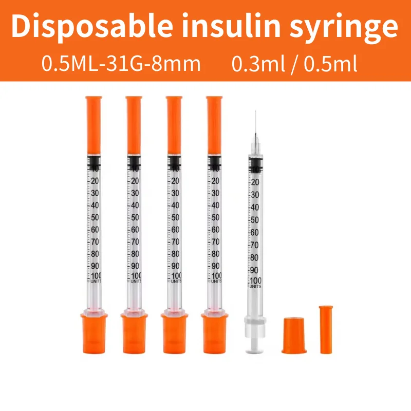 1 ml/cc 31 G * 6 mm sterile Einweg-Insulinspritze in Orange mit Nadel, einzeln verpackt für Flüssigkeitsmessungen und Futtern von Haustieren. Image