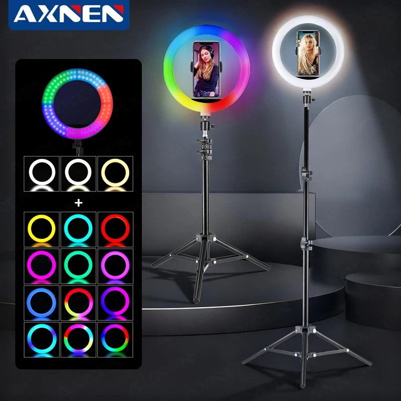 Selfie-Ringlicht, 26 cm, RGB-Füll-LED-Ringlicht mit Fernbedienungshalter für Smartphone, mobiles Video, Live-Fotobeleuchtung Image