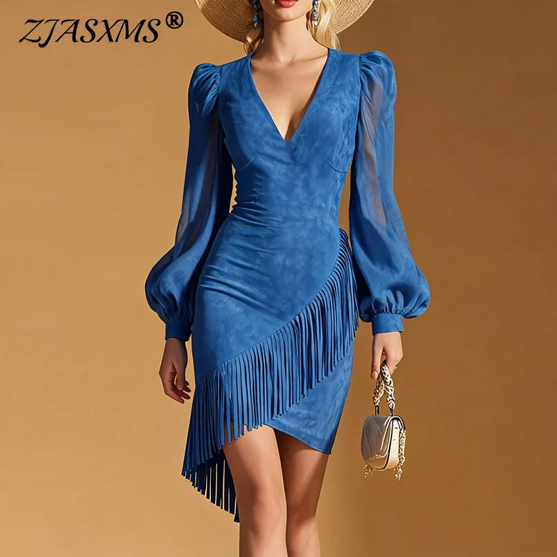 Imitation Wildleder V-ausschnitt Quaste Party Kleid Frau 2026 Frühling Mesh Puff Sleeve Mini Kleid Herbst Zurück Zip Schlank Saum Vintage kleidung Image