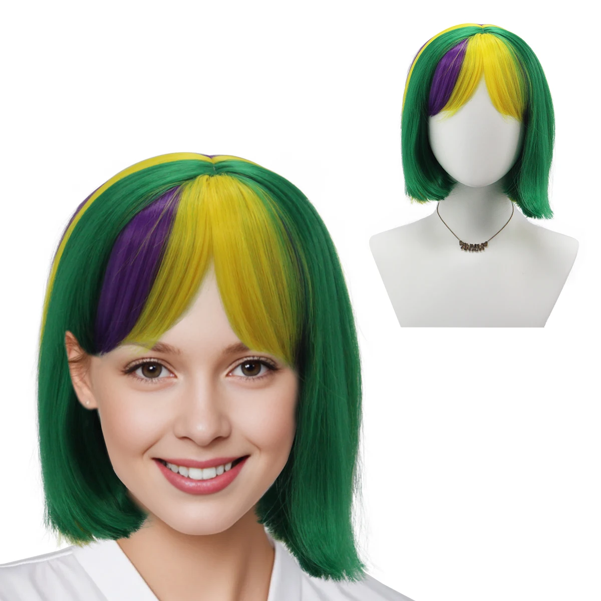 Anxin Marke Synthetikfaser-Perücke: Gelb-Grün-Lila Farbblockierte Ponyfrisur, Kurzer Bob, Glatte und Glänzende Haarsträhnen, Auffälliges Farbblock-Design Hergestellt aus hochwertigem synthetischem