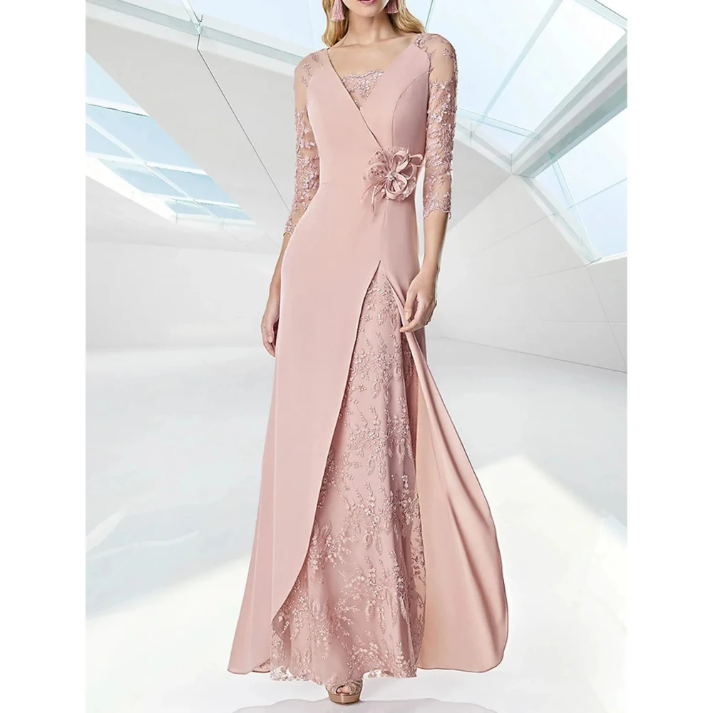 Elegantes Kleid für die Brautmutter, bodenlang, 3/4-Ärmel, Spitze, appliziert, A-Linie, Strandkleid für Hochzeitsgäste 2026, individuell gestaltet