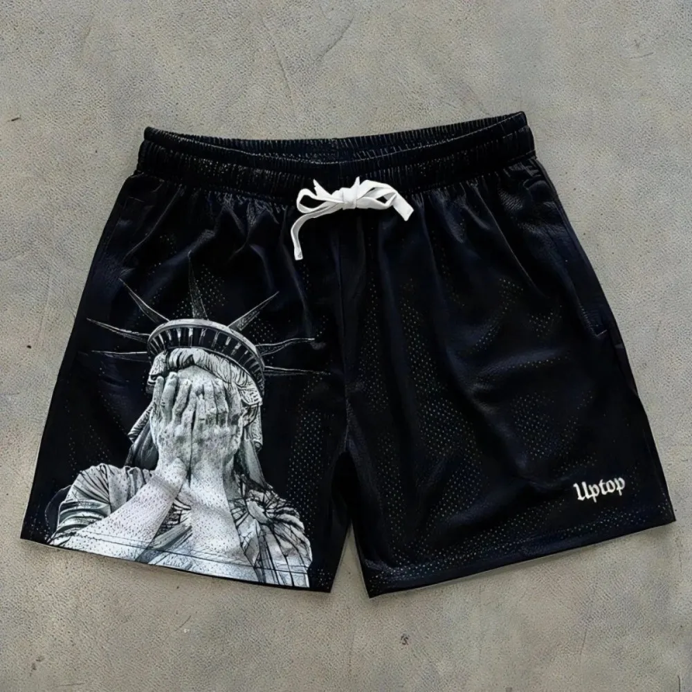 Bequeme, atmungsaktive Shorts mit Kordelzug und Statue-of-Liberty-Print für europäische und amerikanische Herren, lässige Outdoor-Hose Image