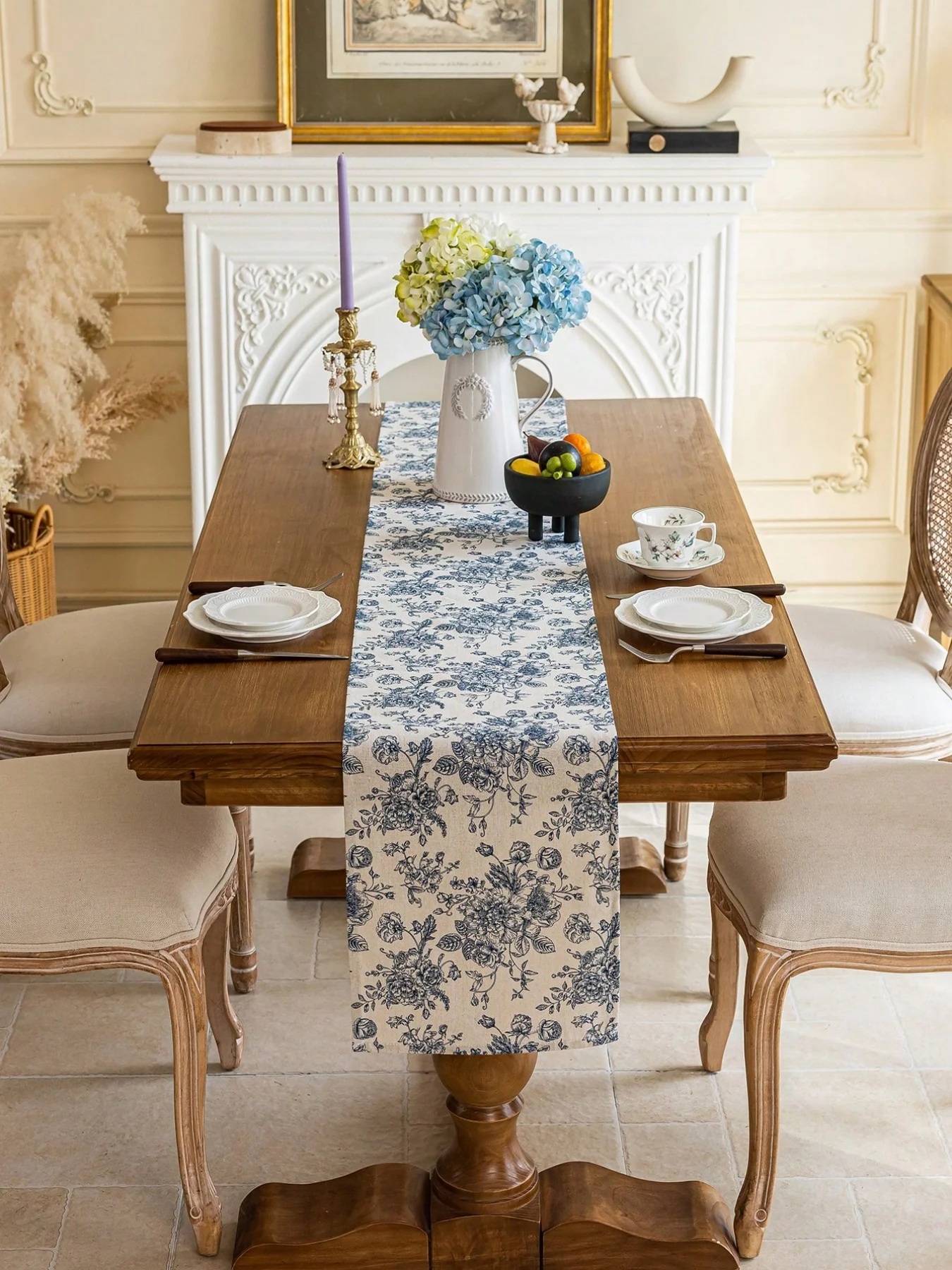 1 Stück Vintage Blauer Rosen-Blumen Tischläufer, Boho, Sideboard, Schuhschrank, Couchtisch-Abdeckung, Waschbar, Esstisch-Dekoration