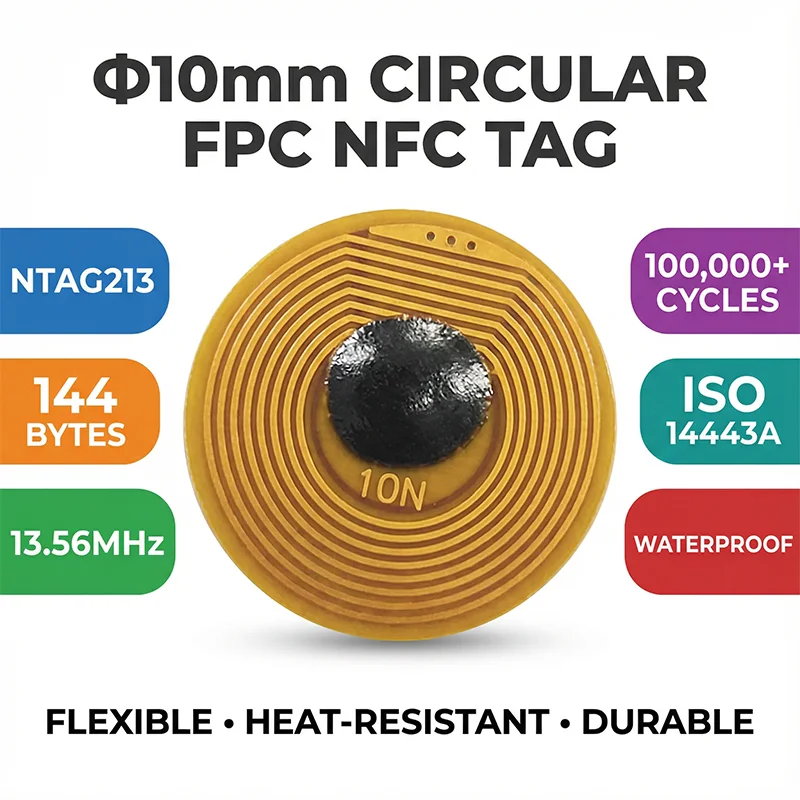 10 mm Durchmesser Hochtemperatur-RFID-NFC-FPC-Tags NXP NFC213 Mini-Karten 13,56 MHz Passive RF-Karte Anti-Fake Anti-Metall Image