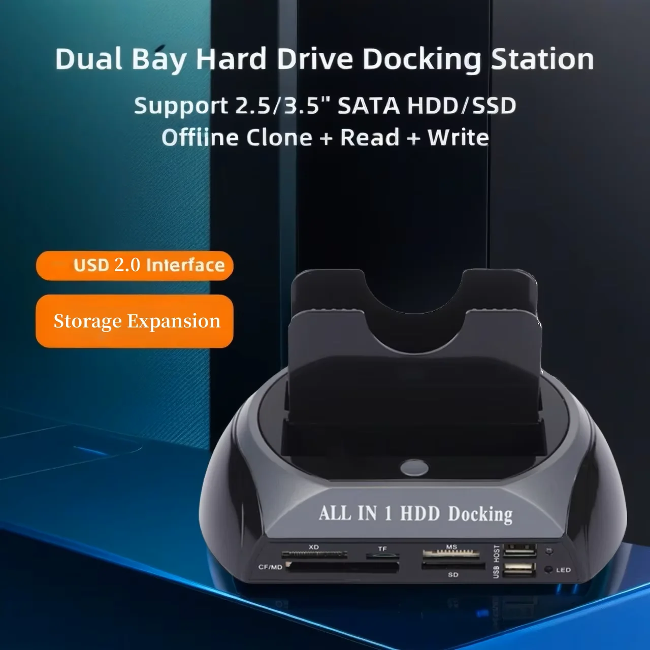 USB 2.0 zu IDE SATA Festplatten-Dockingstation All-in-One Dockingstation Doppelhalterung 2,5-Zoll 3,5-Zoll ESATA mit Kartenleser Image