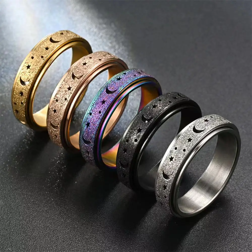 Drehbare Rotationsringe aus Edelstahl für Damen und Herren, 6 mm, drehbares Design, Mond- und Stern-Design, modischer Ring, Fingerschmuck Image