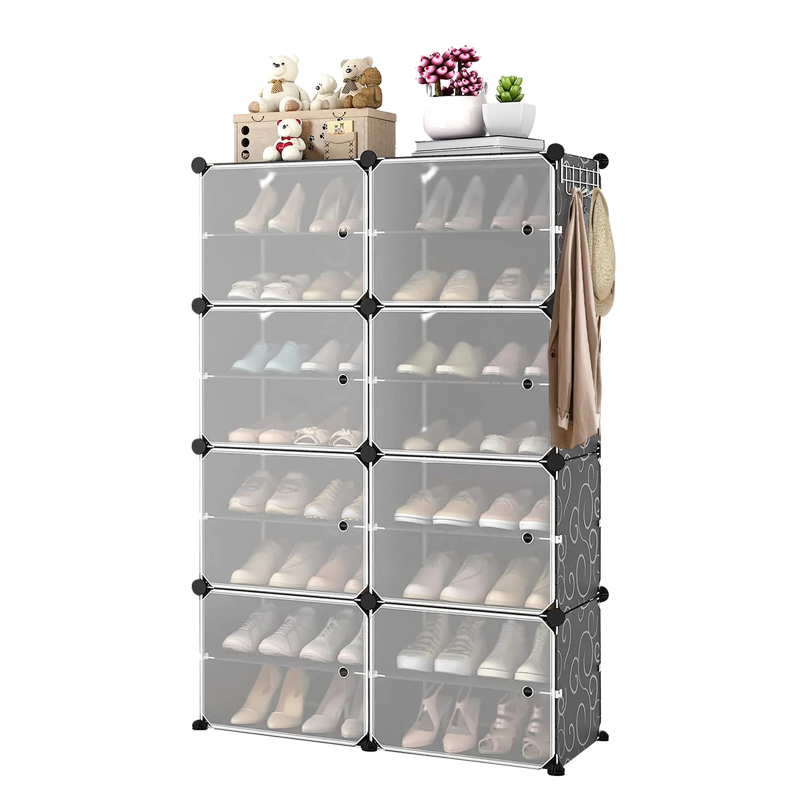 Schuhregal mit 8 Fächern, Aufbewahrungsregal, mit Tür, Stahlrahmen, Kunststoffplatten, 83 x 32 x 126 cm, schwarz/weiß Image