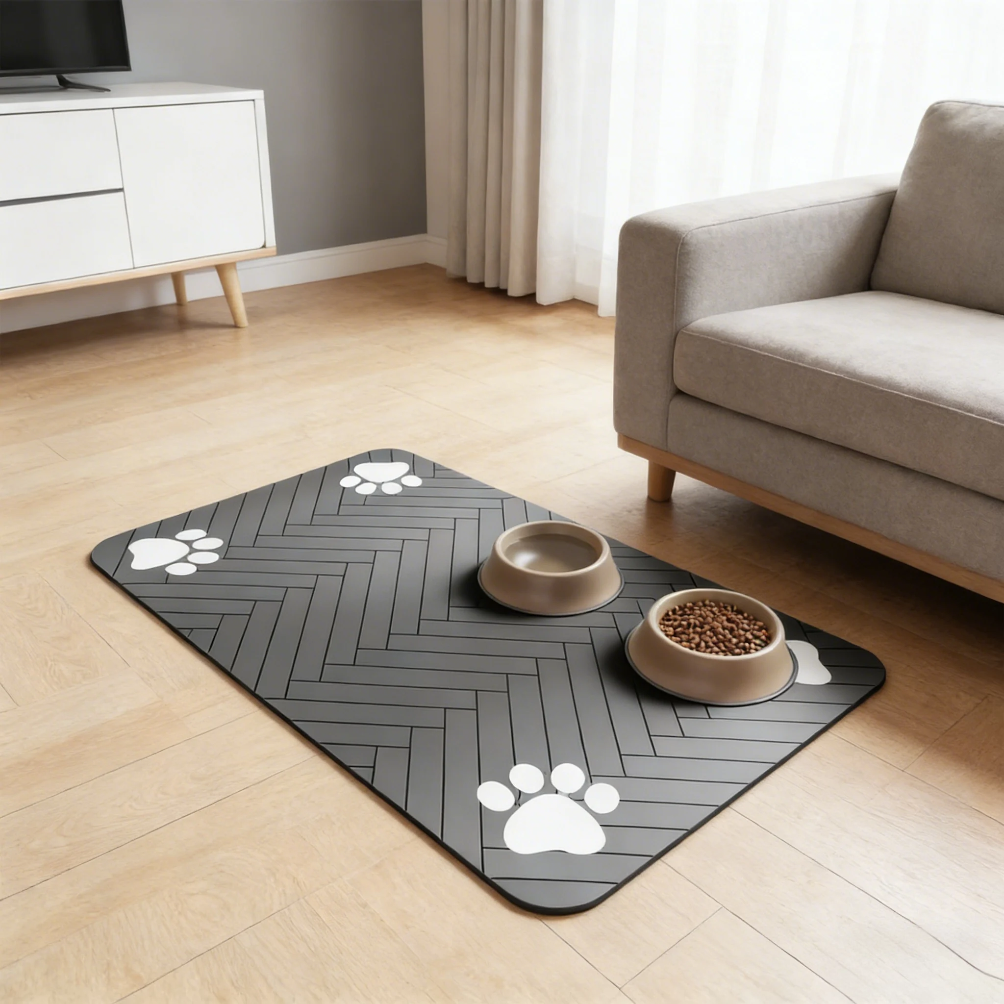 Fleckenschutz-Haustierfuttermatte - Wasserdichte Gummi-Hundefuttermatte, Hochabsorbierende Katzen-Unterlage, Leicht zu Reinigender Küchenboden-Teppich Image