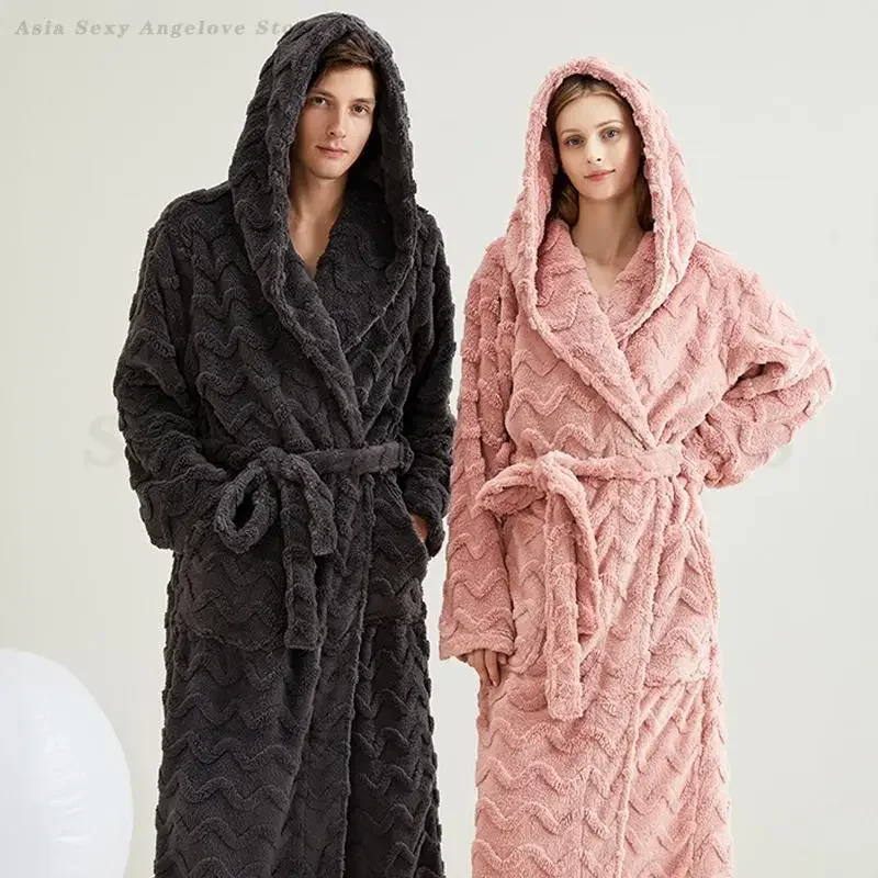 Paar Nachtwäsche Verdicken Warme Korallen Fleece Yukata Loungewear Herbst Winter Flanell Mit Kapuze Robe Hause Tragen Lose Bademantel Pyjama Image