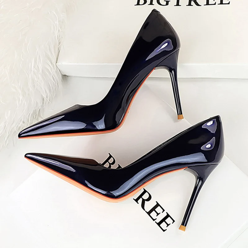 Frauen Neue Mode Dunkelblau 9,5 cm High Heels Pumps Dame Chic Patent Leder Stiletto Schuhe Weibliche Elegante Premium Kleid schuhe
