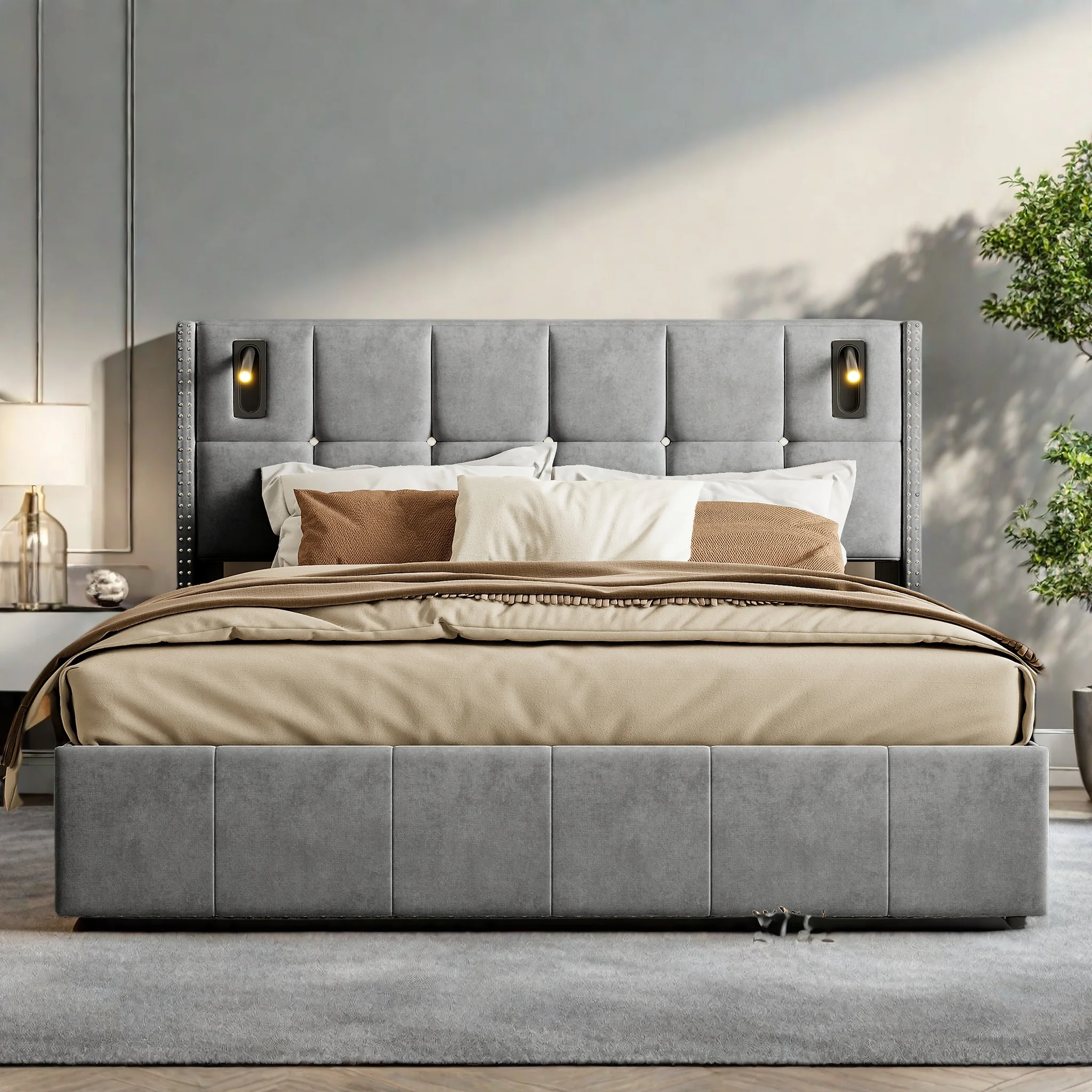 WoodenAura Doppelbett 140 x 200 cm mit Lampe und USB, Polsterbett, Bettgestell mit Lattenrost, Jugendbett 140x200 für Erwachsene