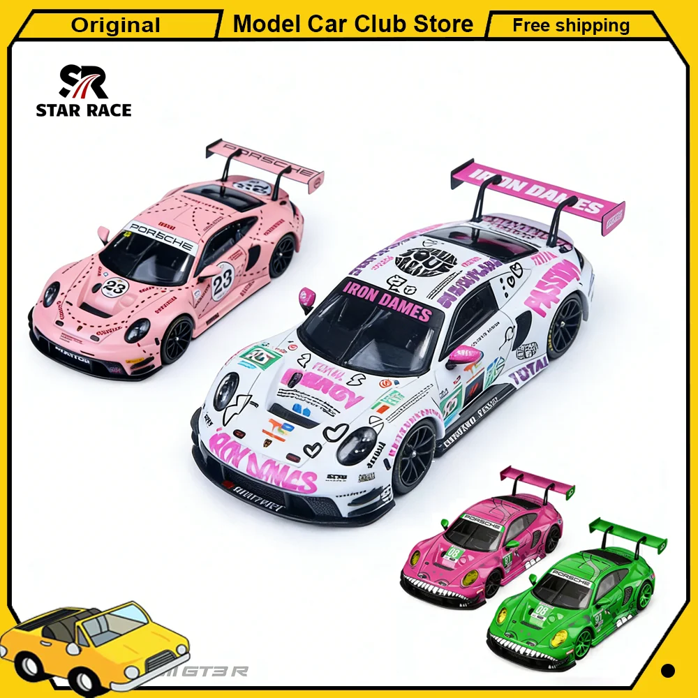 STAR RACE SR 1:64 Porsche 911 GT3 R # 85 # 23 Rosa Schweinchen # 56 # 15 # 80 # 77 Legierungsmodell Miniatur-Diecast-Sammlerstück Ornament Hobby-Spielzeug Image