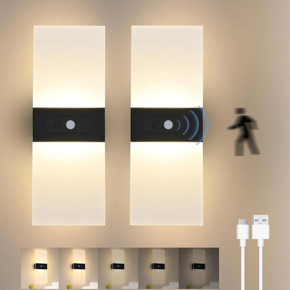 2 Stück Innen-Wandleuchten mit Bewegungssensor, USB-Aufladbar, Stufenlos Dimmbare Kabellose Batterie-Wandlampe für Schlafzimmer, Wandbeleuchtung