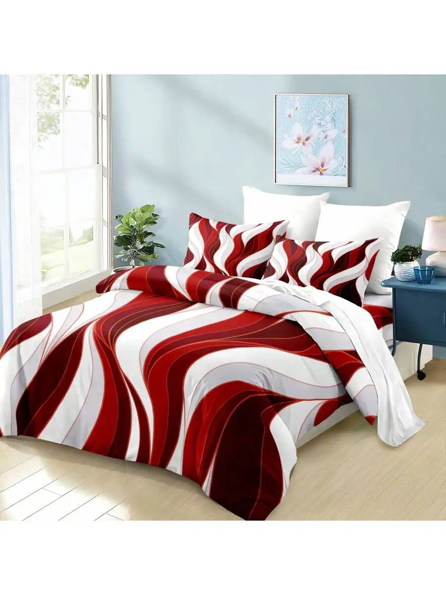 3-Piece Soft And Breathable Red And White Classic Striped Print Duvet Cover Set - Comfortable All-Season Bedroom Decor