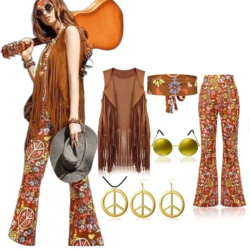 Hippie Disco 60er 70er Jahre Erwachsene Purim Kostüme Frauen Peace Love Mädchen Hip Indian Quasten Hippie Weste Strickjacke Halloween Karneval