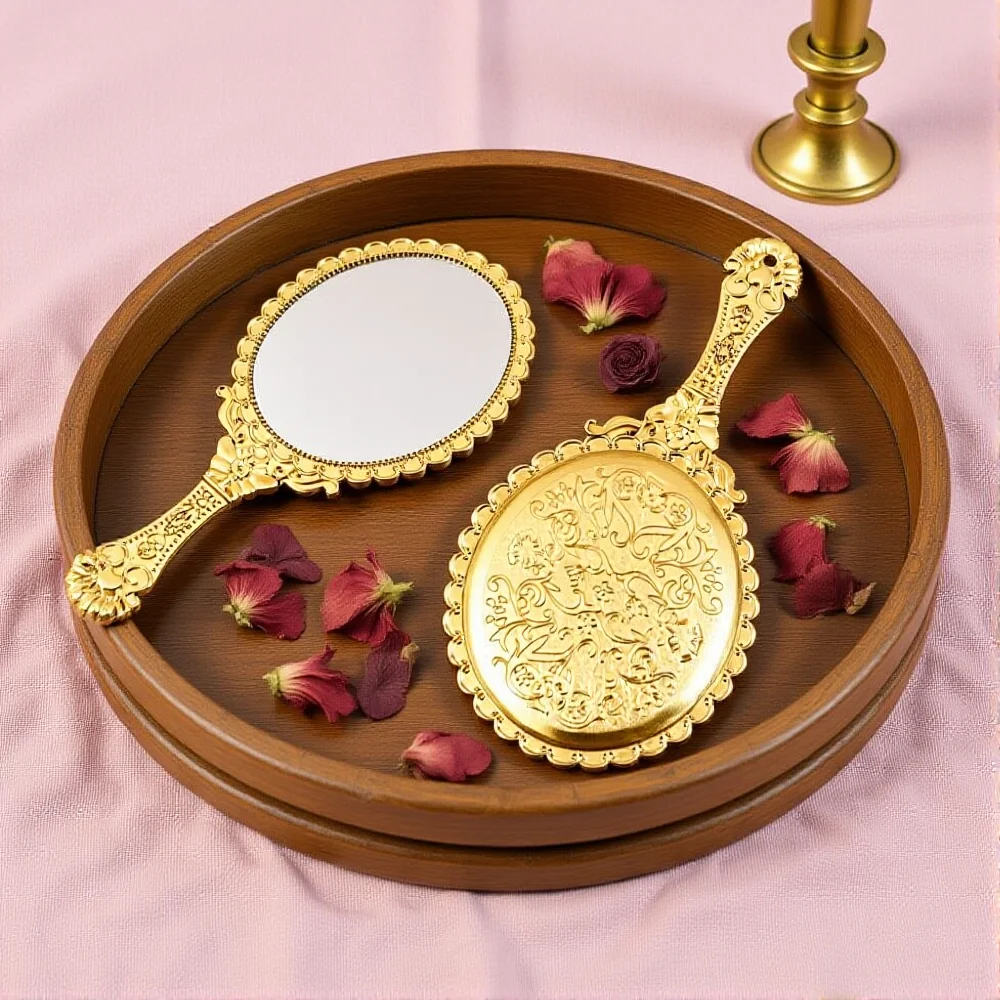 Europäischen Stil Vintage Spiegel Oval Runde Handheld Make-Up Spiegel Elegante Frauen Mädchen Gesicht Spiegel Schönheit Zubehör